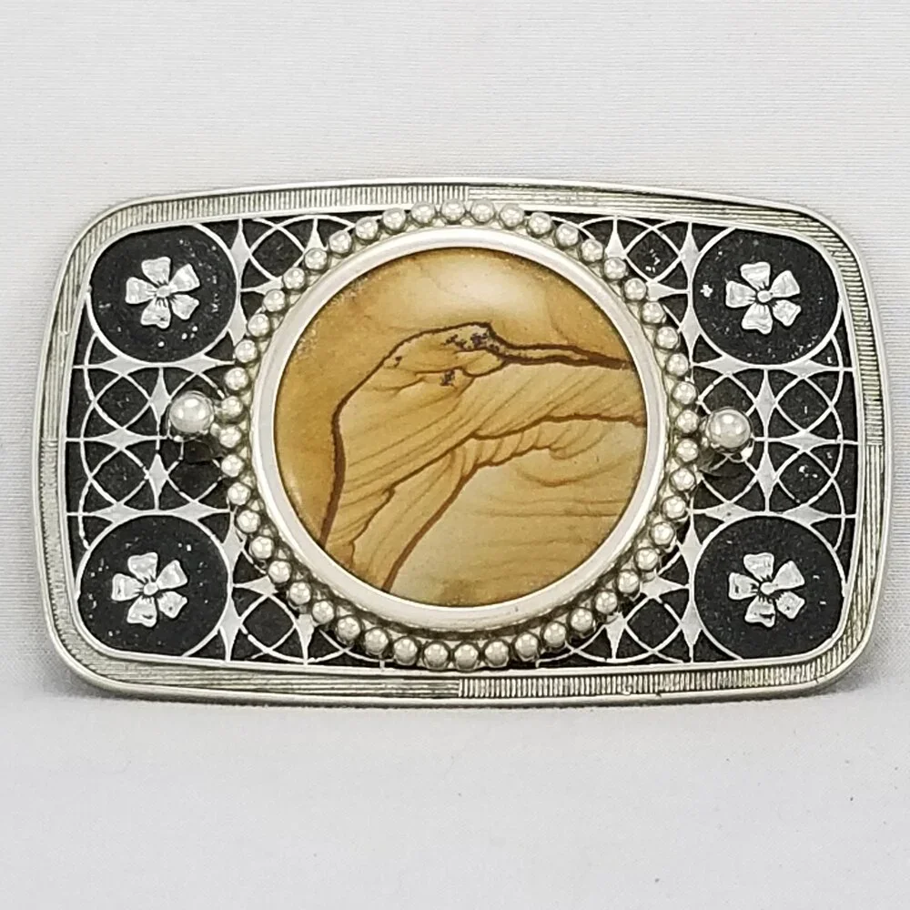 Vintage Belt Buckle Women's Unisex Western Filigree Stars Flowers Agate Cabochon